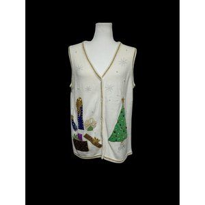 Christmas Sweater Vest Womens Size L Creamy Off-White Tree Presents Snowflakes